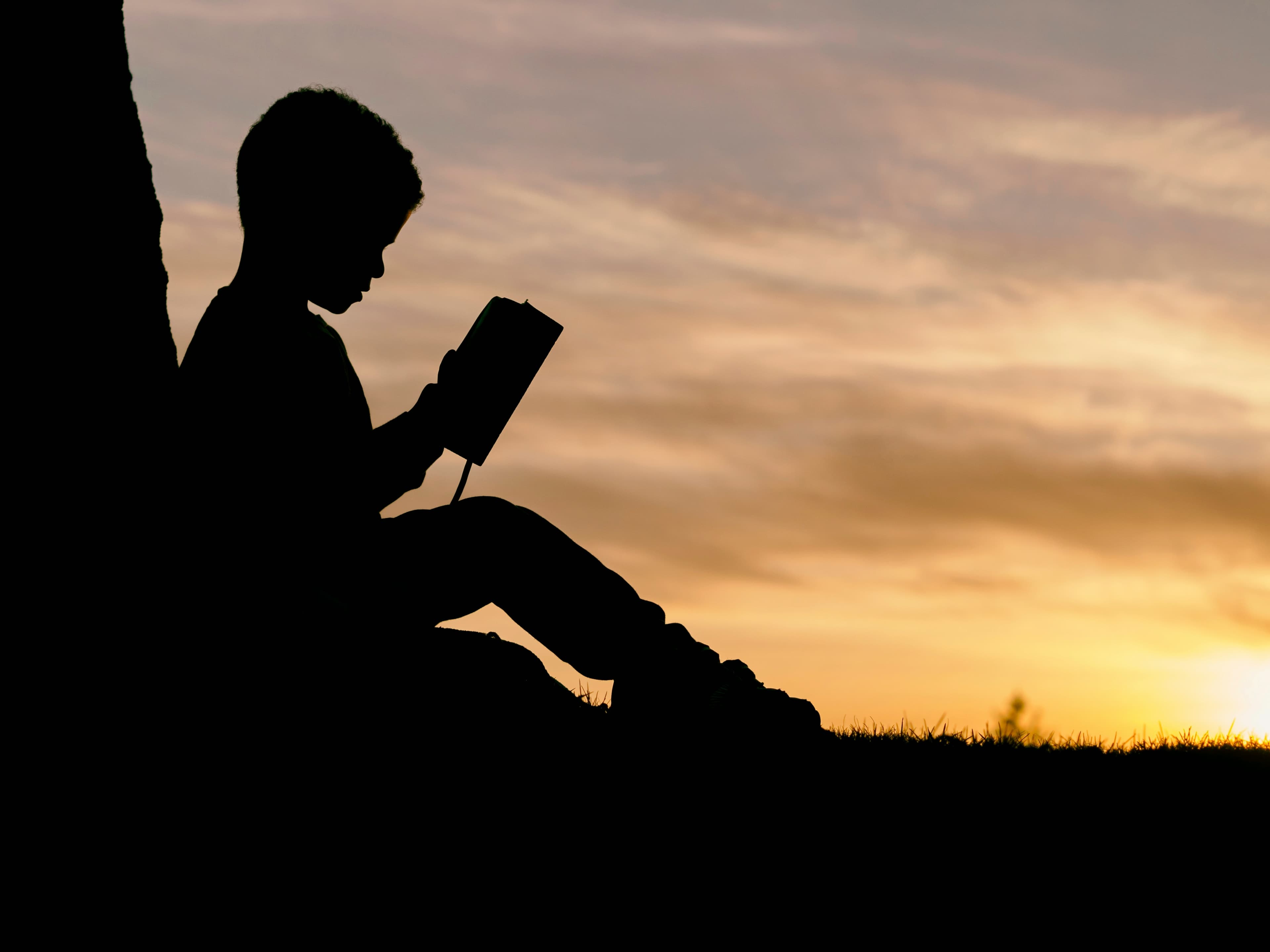 Child reading a book outside at sunset